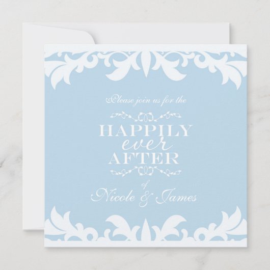 GLÜCKLICH JE NACH DEM blauen Elegant Hochzeit Einl Einladung (Vorderseite)