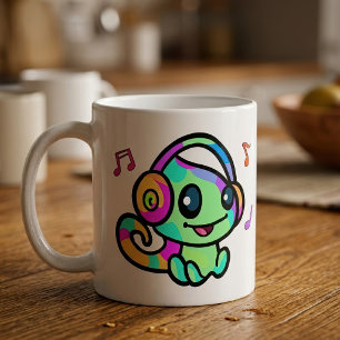 Glücklich lächelnd Baby Chamäleon mit Kopfhörer. Kaffeetasse