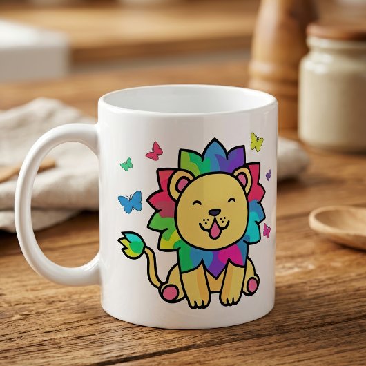 Glücklich lächelnd Löwe mit Schmetterlingen. Kaffeetasse
