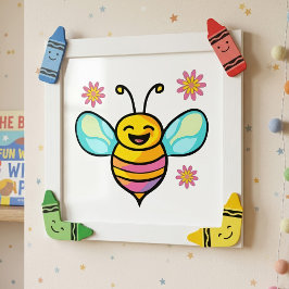 Glücklich lächelnde Babybiene mit Blume. Fotodruck