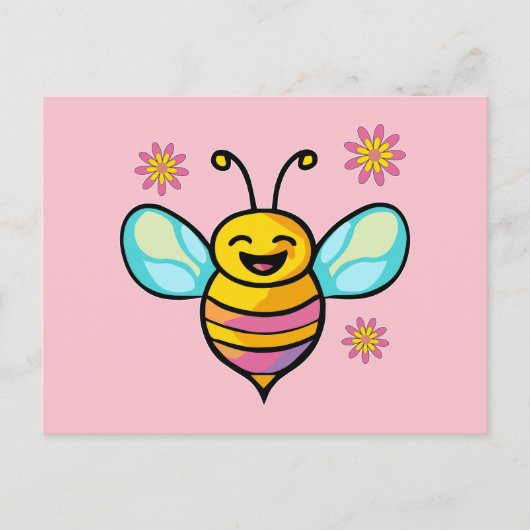 Glücklich lächelnde Babybiene mit Blume. Postkarte (Vorderseite)