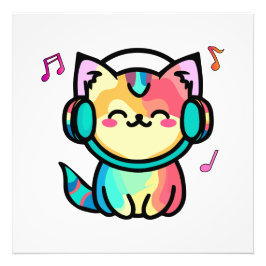 Glücklich lächelnde Fotzenkatze mit Kopfhörer. Fotodruck