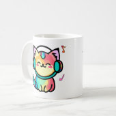 Glücklich lächelnde Fotzenkatze mit Kopfhörer. Kaffeetasse (Vorderseite Links)