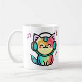Glücklich lächelnde Fotzenkatze mit Kopfhörer. Kaffeetasse (Links)
