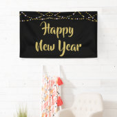GLÜCKLICH NEUES JAHR Schwarz- und Gold String Ligh Banner (Insitu)