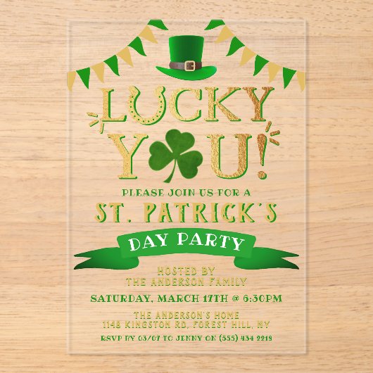 Glücklich! St. Patrick's Day Party Acryleinladungen (Vorderseite)