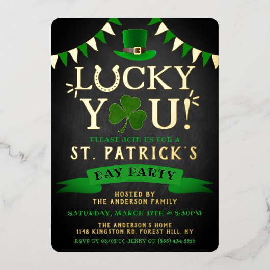 Glücklich! St. Patrick's Day Party Real Folieneinladung (Vorderseite)