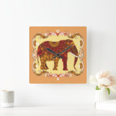 Glücklich Verzierter Gemusterter indischer Elefant Quadratische Wanduhr (Zuhause)