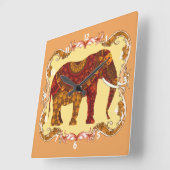 Glücklich Verzierter Gemusterter indischer Elefant Quadratische Wanduhr (Winkel)