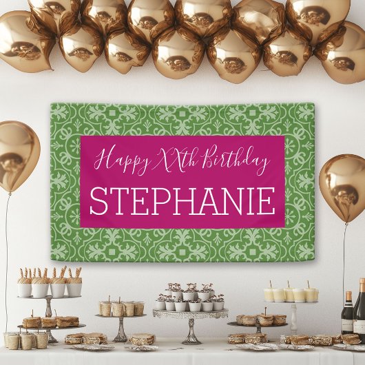 Glücklich zum Geburtstag - Rosa Grün Gemustert Banner