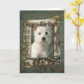 Glücklich zum Geburtstag - Steinpfähle - Westie - Karte (Gelbe Blume)