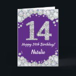Glückliche 14. Geburtstagskarte Lila und Silberkar Karte<br><div class="desc">Happy 14. Geburtstag Lila und Silver Glitzer Card mit personalisiertem Namen. Für weitere Anpassungen klicken Sie bitte auf die Schaltfläche "Anpassen" und verwenden Sie unser Designwerkzeug,  um diese Vorlage zu ändern.</div>