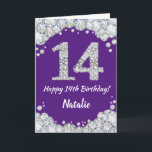 Glückliche 14. Geburtstagskarte Lila und Silberkar Karte<br><div class="desc">Happy 14. Geburtstag Lila und Silver Glitzer Card mit personalisiertem Namen. Für weitere Anpassungen klicken Sie bitte auf die Schaltfläche "Anpassen" und verwenden Sie unser Designwerkzeug,  um diese Vorlage zu ändern.</div>