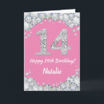 Glückliche 14. Geburtstagskarte Pink und Silver Gl Karte<br><div class="desc">Happy 14. Geburtstag Pink und Silver Glitzer Card mit personalisiertem Namen. Für weitere Anpassungen klicken Sie bitte auf die Schaltfläche "Anpassen" und verwenden Sie unser Designwerkzeug,  um diese Vorlage zu ändern.</div>
