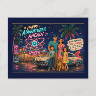 Glückliche Abenteuer voraus Retro-Atom-Diner Postkarte