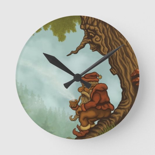 glückliche Baum Gnome-Fantasieuhr Runde Wanduhr (Vorderseite)