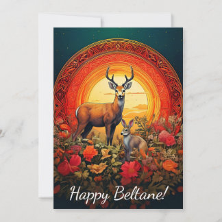 Glückliche Beltane-Hirsch- und Hasenkarte Feiertagskarte
