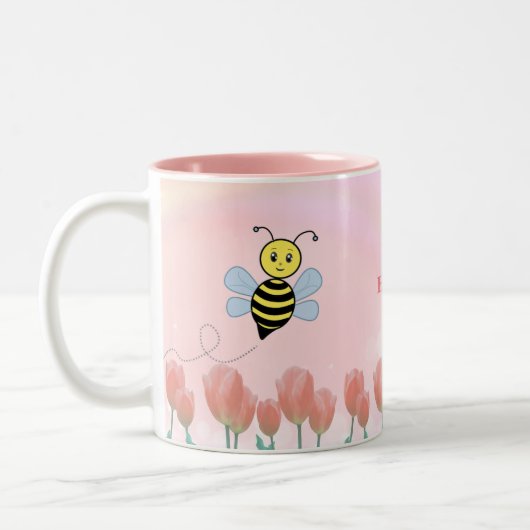 Glückliche Bienen und rosafarbene Tulpen Zweifarbige Tasse (Links)
