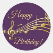 Glückliche Birthday Gold Musiknoten auf eleganten  Runder Aufkleber (Vorderseite)