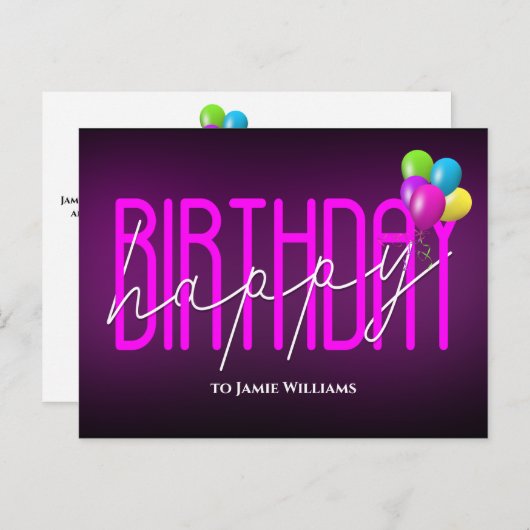 Glückliche Birthday Neon Party Ballons laden Einladungspostkarte (Vorne/Hinten)