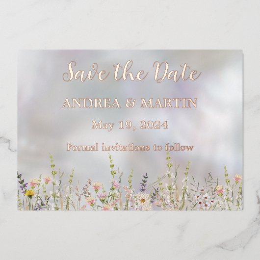 Glückliche Blooms Hochzeit Speichern Sie die Datum Folieneinladung (Vorderseite)