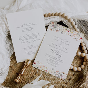 Glückliche Boho Wildblumen Hochzeit Vorder- und Rü Einladung