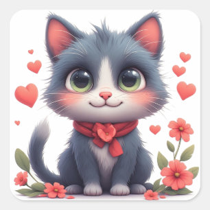 Glückliche Cartoon-Katze mit Blumen und Herzen Spa Quadratischer Aufkleber