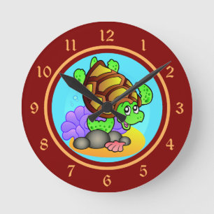 Glückliche Cartoon-Seeschildkröte mit hellem Rot Runde Wanduhr