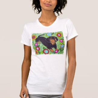 Glückliche Dackel in Garten-Blumen T-Shirt