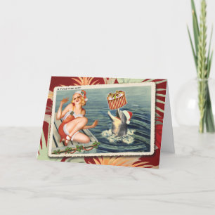 Glückliche Delfin Retro-Weihnachtskarte Feiertagskarte