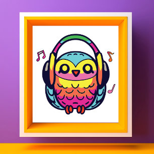 Glückliche Eule mit Kopfhörern hört Musik. Fotodruck