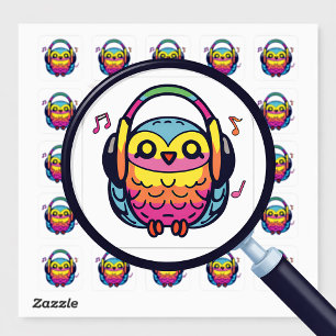 Glückliche Eule mit Kopfhörern hört Musik. Quadratischer Aufkleber