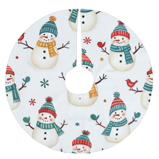 Glückliche farbenfrohe Schneemänner Polyester Weihnachtsbaumdecke (Vorderseite)