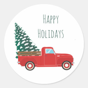 Glückliche Feiertage Pickup Truck Weihnachtsbaum R Runder Aufkleber