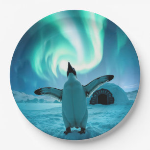 Glückliche Feiertage Pinguin unter Nordlichtern Pappteller