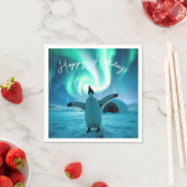 Glückliche Feiertage Pinguin unter Nordlichtern Serviette (Beispiel)