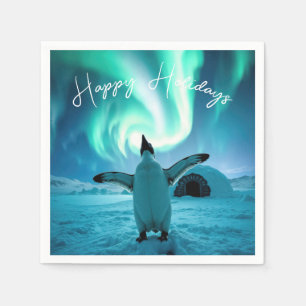 Glückliche Feiertage Pinguin unter Nordlichtern Serviette