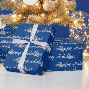 Glückliche Feiertagsbäume auf Blau Geschenkpapier