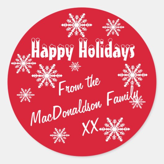 Glückliche Ferien Rot und Schneeflocken Runder Aufkleber (Vorderseite)