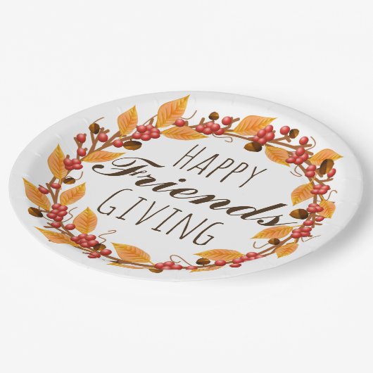 Glückliche Freunde, die Fall-Herbst-BlätterWreath Pappteller (Schrägansicht)