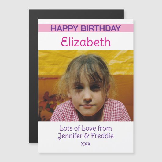 Glückliche Geburtsname Foto lila Magnetkarte Magneteinladung (Vorne/Hinten)