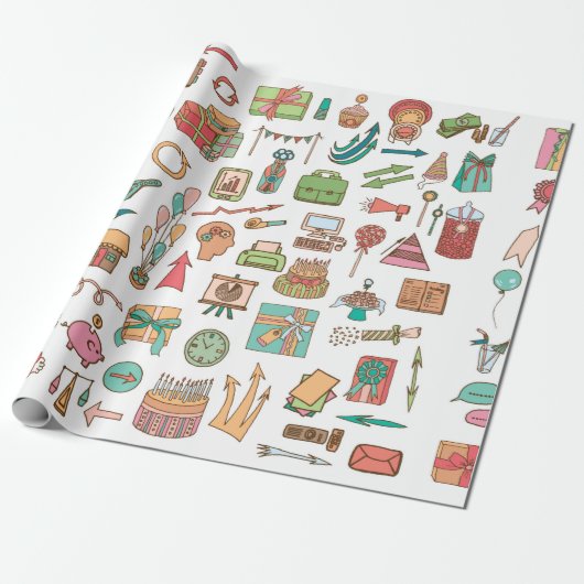 Glückliche Geburtstagsbüroelemente in der Skizze D Geschenkpapier (Ungerollt)