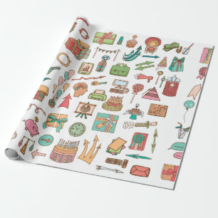 Glückliche Geburtstagsbüroelemente in der Skizze Geschenkpapier