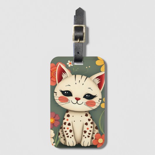 Glückliche gefleckte Katze mit Blumen Gepäckanhänger (Vorderseite Vertikal)