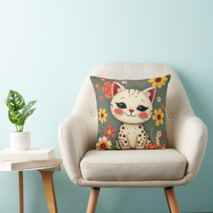 Glückliche gefleckte Katze mit Blumen Kissen