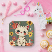 Glückliche gefleckte Katze mit Blumen Pappteller (Party)