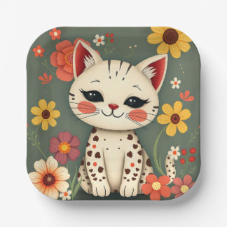 Glückliche gefleckte Katze mit Blumen Pappteller