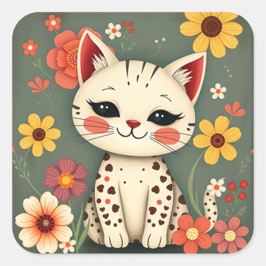 Glückliche gefleckte Katze mit Blumen Quadratischer Aufkleber (Vorderseite)