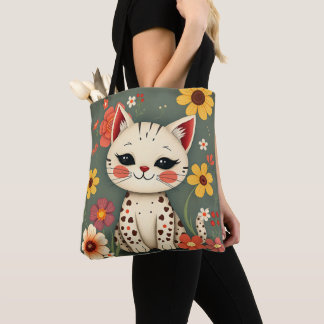 Glückliche gefleckte Katze mit Blumen Tasche