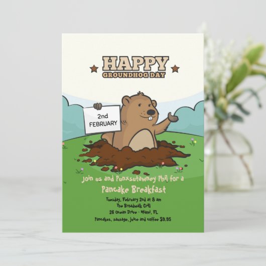 Glückliche Groundhog Einladung (Stehend Vorderseite)